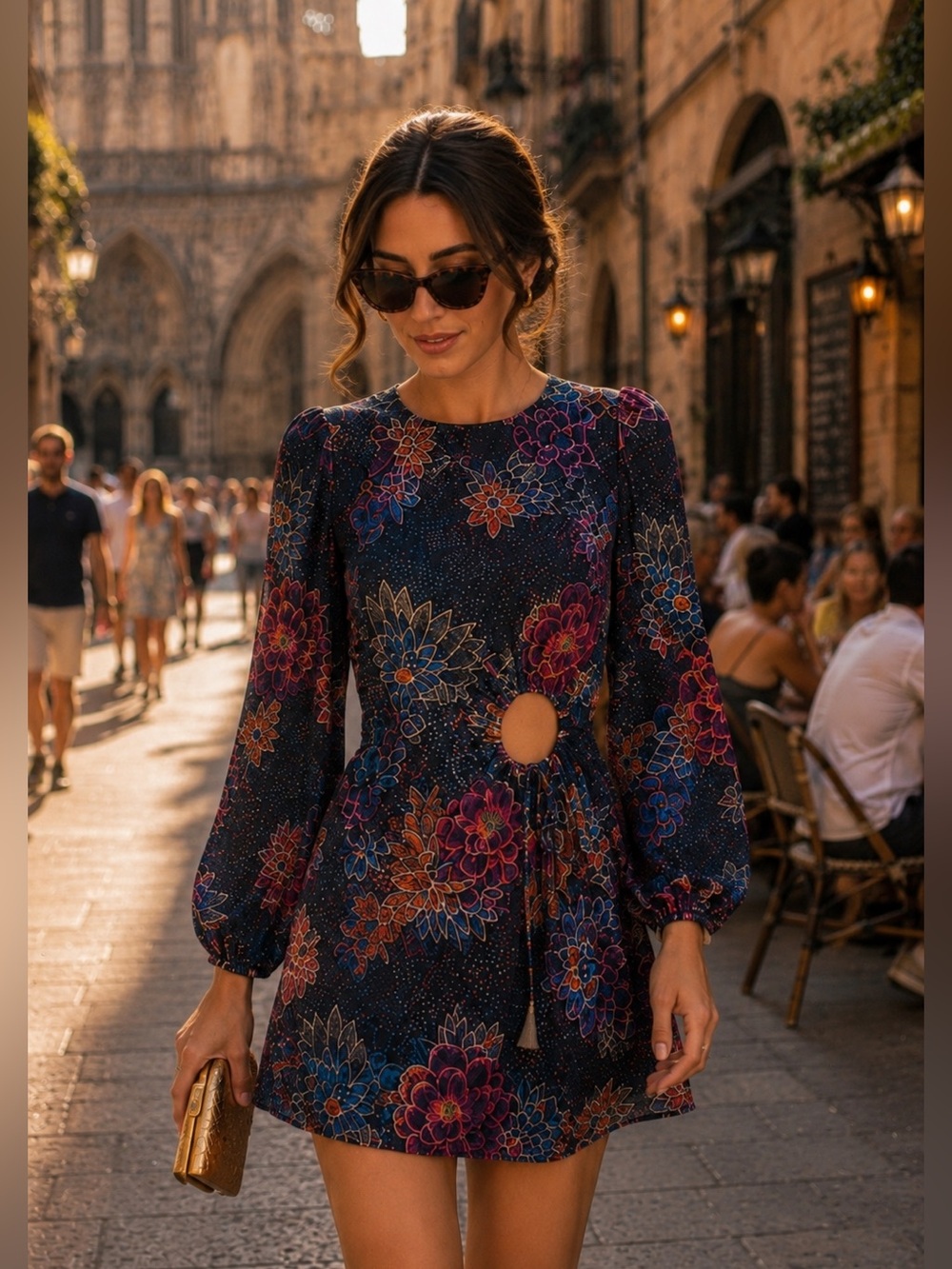 Farm Rio Black Sparkles Floral Long Sleeve Cutout Mini Dress - Small